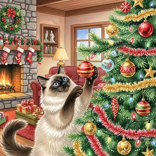 Fluffy Siamese Cat Celebrating Christmas | Festive Tree Painting