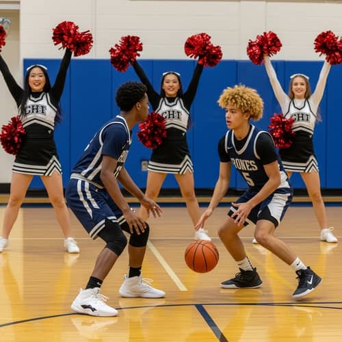 School Basketball Court Scene with Diverse Players and Cheerleaders