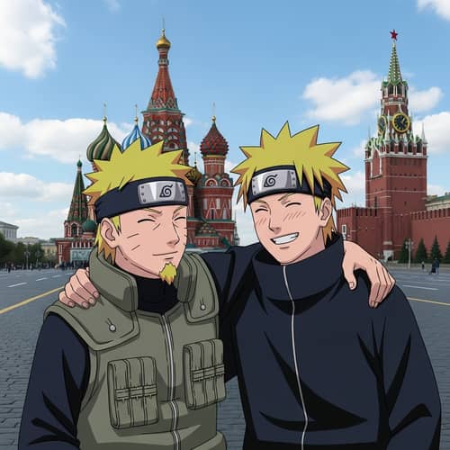 Putin & Ukrainian President Naruto-Style 2024 Cyberpunk Joy in Moscow