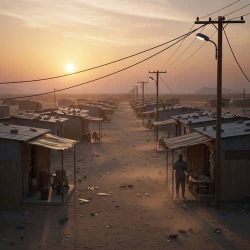 Isolated Small Settlement with Shopkeeper at Sunset