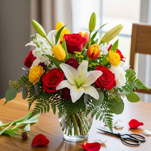 Vibrant Flower Arrangement with Roses, Tulips & Lilies