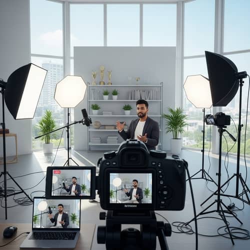 Engaging South Asian Vlogger in Modern Studio Setup