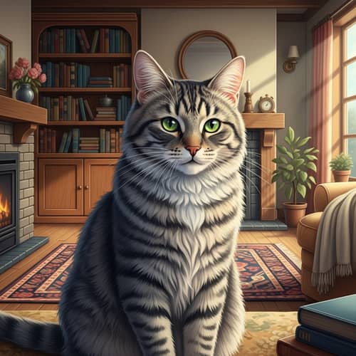 Tabby Gray Cat in Rustic Living Room - Cozy Home Scene