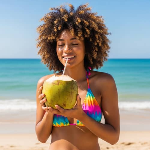 Afro Girl in Bikini Drinks from Coconut: Tropical Delight