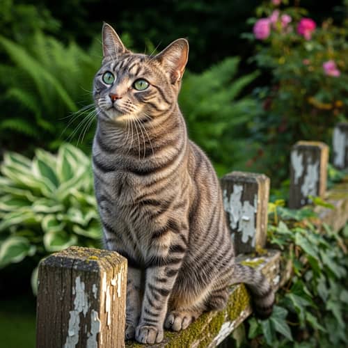 Beautiful Grey Striped Cat Sitting Peacefully on a Fence