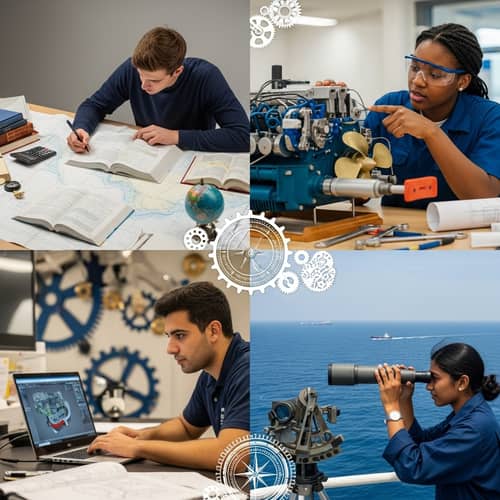 Marine Engineering Student Collage: Diverse Students & Nautical Symbols