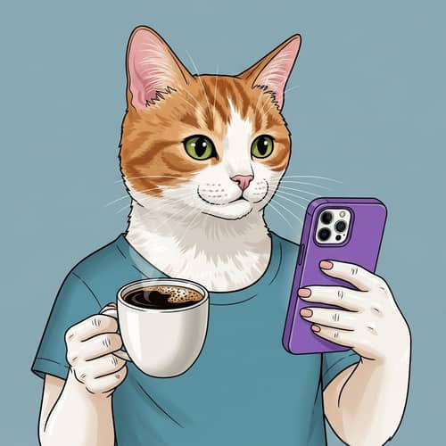 Whimsical Bi-Colored Cat Holding Black Coffee & Smartphone