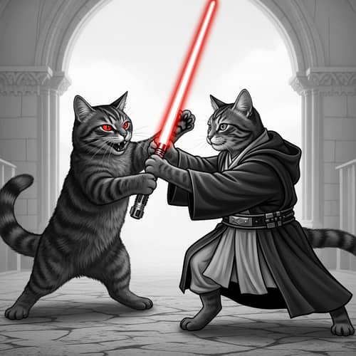 Fierce Feline Battle: Sith Cat vs Jedi Knight Cat in Monochrome