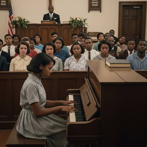 Sad Black Girl Playing Upright Piano in 1963 Southern Black Church