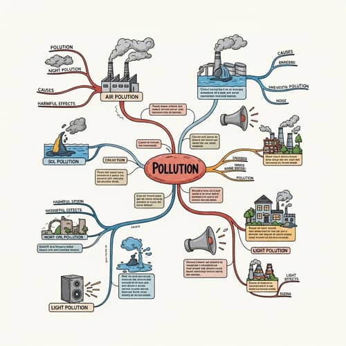 Colorful Mindmap on Pollution: Types, Causes, Effects, Prevention