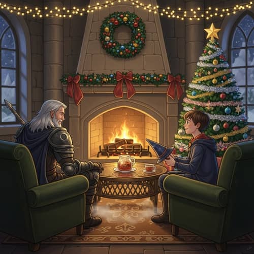 Festive Sanctum: Sorcerer and Young Magician by Fireplace