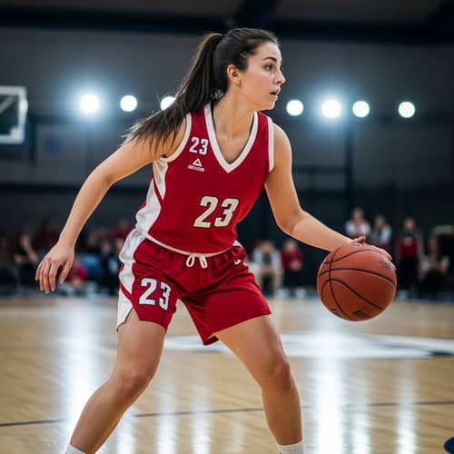 Brunette Woman in Red Basketball Uniform | Spectacular Indoor Game