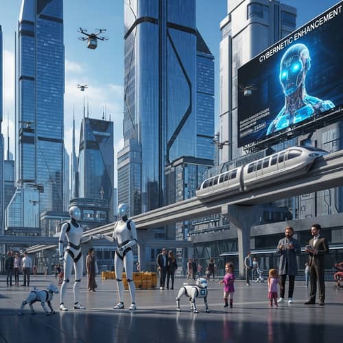 Futuristic Cityscape: Metallic Skyscrapers, Robots, and High-Tech Marvels