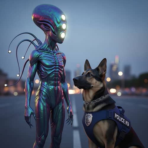 Extraterrestrial Being and K9 Police Dog Encounter