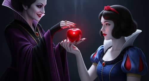 Wicked Queen Tempts Snow White with Poisoned Red Apple