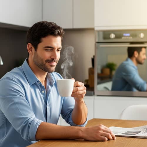Handsome 40-Year-Old Hispanic Man Enjoying Freshly Brewed Coffee in Modern Kitchen