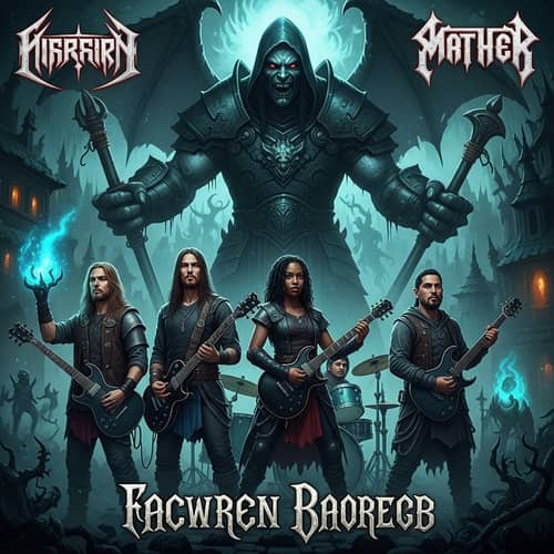 Dark Souls Style Album Cover with Metal Musicians and Giant Villain