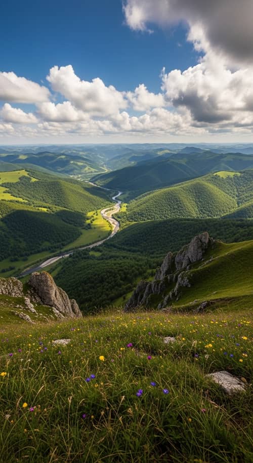 Majestic Mountain Landscape: Rolling Hills & Sparkling River