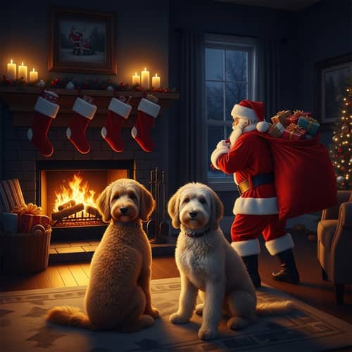Winter Christmas Scene with Goldendoodle and Sheepadoodle by Fireplace