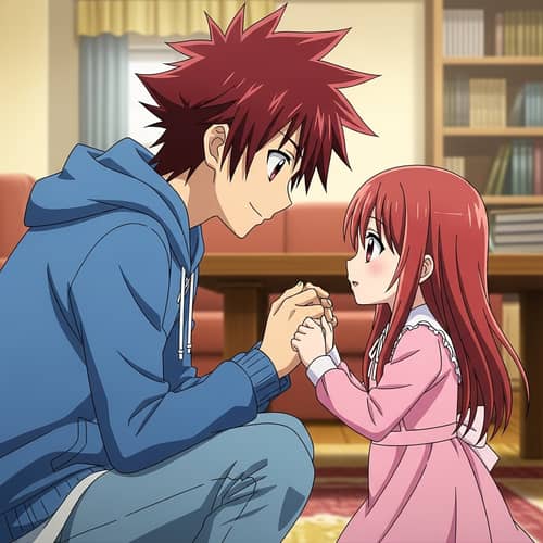Intimate Anime Scene: Red-Haired Couple Sharing a Moment