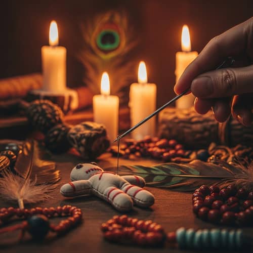 Mysterious Voodoo Ritual with Doll and Needle