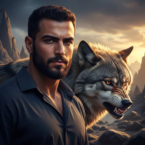 Middle Eastern Man Standing with Angry Wolf