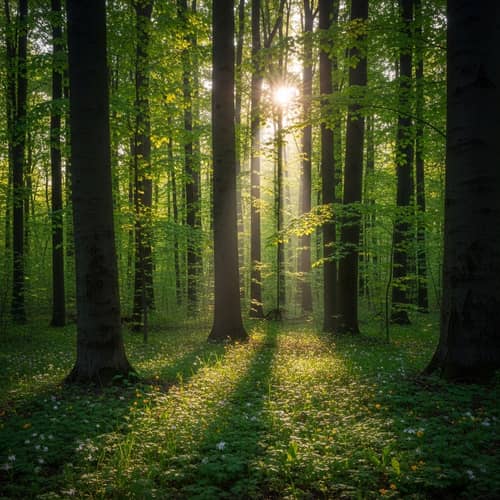 Tranquil Ukrainian Spring Forest: Sunlit Foliage & Delicate Flowers