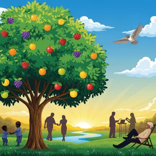 Visual Representation of Life: Tree, Bird, River, People