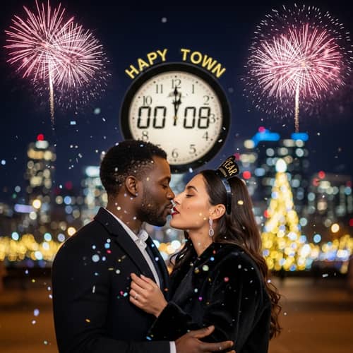 New Year's Kiss under Fireworks | Urban Winter Night Scene