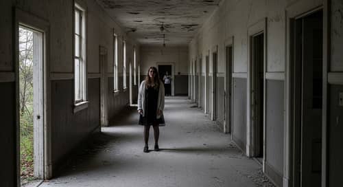 Eerie Black and White Photography of Spectral Figure in Abandoned School