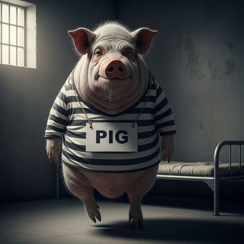 Old Overweight Pig in Prisoner Costume | Funny Pig Image