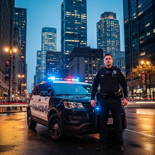 City Police Officer in Blue Uniform by Patrol Car