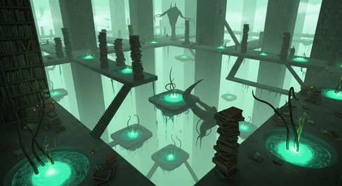Surreal Tome-Filled Landscape: Eerie Greenish Glow
