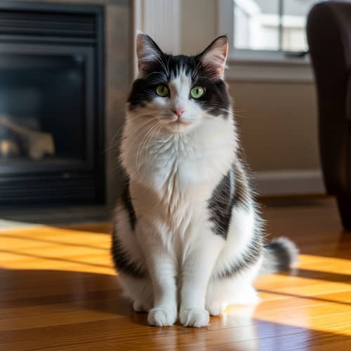 Fluffy Black and White Domestic Cat in a Cozy Living Room