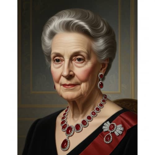 Elderly Female Public Figure Portrait | Regal Aura & Ruby Parure