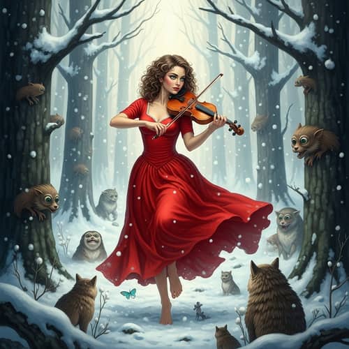 Mesmerizing Snowy Forest Scene with Hispanic Woman Dancing