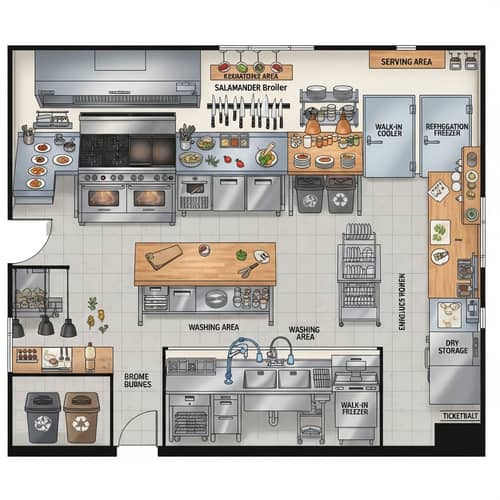 Restaurant Kitchen Plan: Cooking, Prep, Washing & Serving Areas
