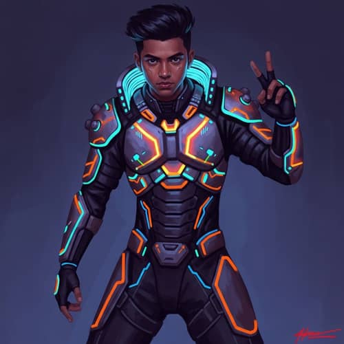 Cyberpunk South Asian Male in Neon-Armored Suit