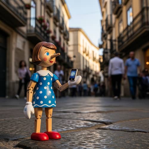 Small Wooden Female Pinocchio Puppet in City
