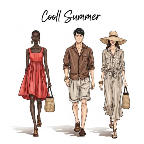 Summer Fashion Design Sketch in Red, Brown & Beige | Diverse Models Outfits