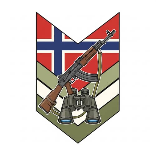 Rectangular Chevron with Flag Design, AK-74 Rifle, and Binoculars