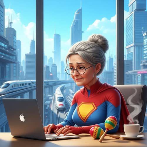 Elderly Woman in Superhero Suit at Laptop | Futuristic Cityscape