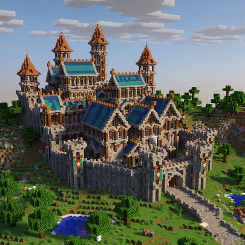 Large Medieval Castle with Oxidized Copper Roofs in Minecraft 1.20