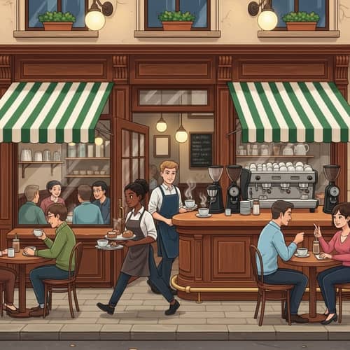 Vintage Coffee Shop on City Street | Charming Rustic Cafe