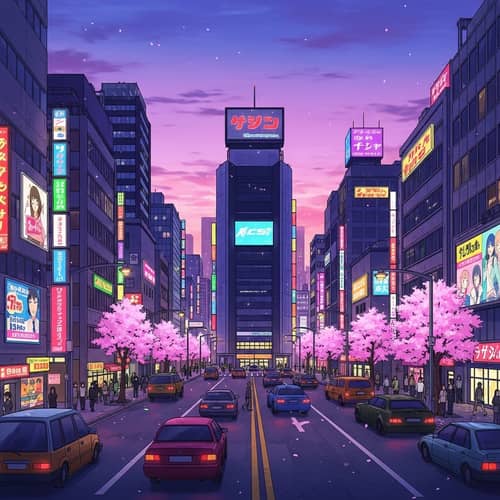 Anime 4k Cityscape with Vibrant Neon Lights and Sakura Trees
