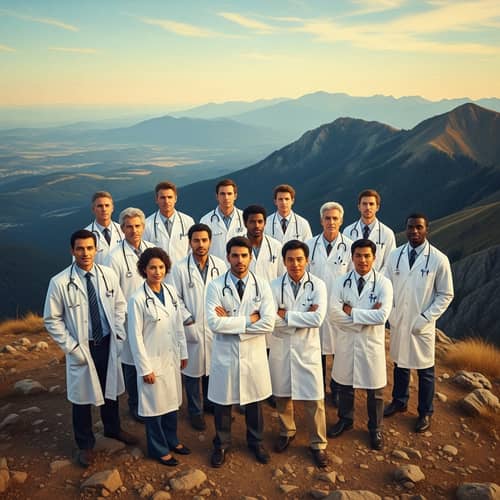 Diverse Group of Doctors on Mountain Peak - Nature-Inspired Image