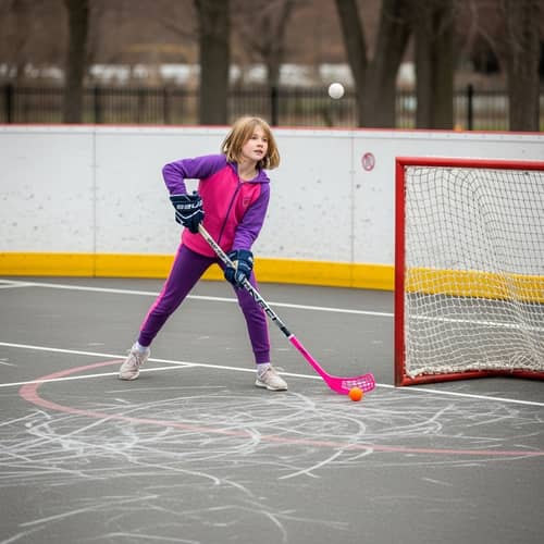 Caucasian Girl Playing Dek Hockey in Pink and Purple Outfit