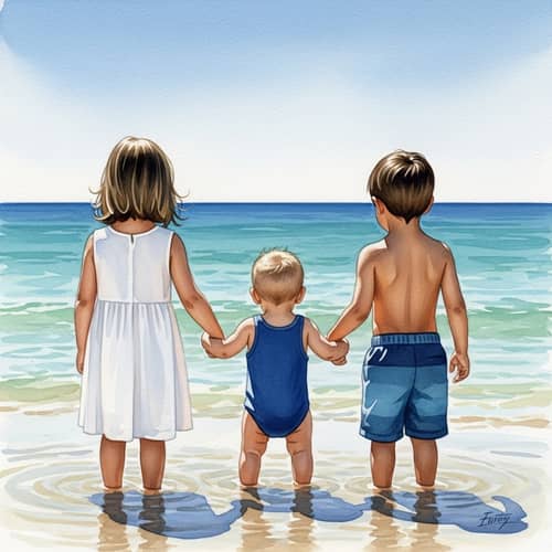 Watercolor Painting of Three Children on Beach