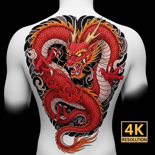 Vibrant Red Dragon Tattoo Design for Back Area - 4K HD HQ