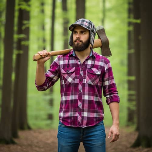 Middle-Eastern Lumberjack in Magenta & White Flannel Shirt - Forest Scene